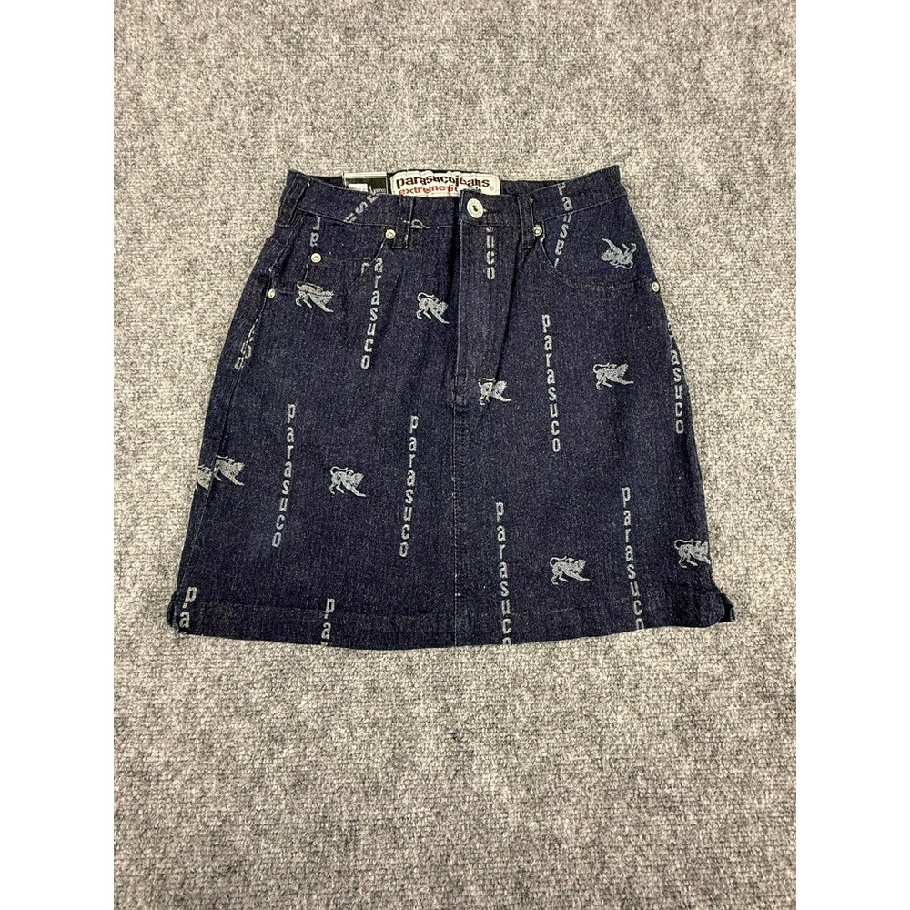 Parasuco Jeans Extreme Fit Denim Mini Skirt Dark Wash Logo Lion Print Size 26
